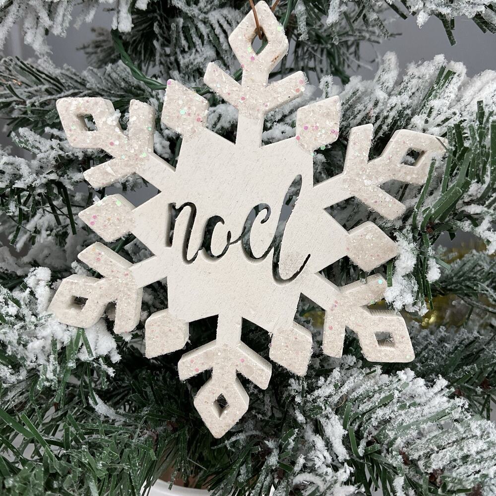 Christmas Ornament-Wooden White Glittery “NOEL” Snowflake-The Bridge Collection